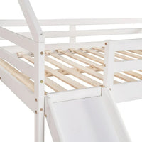 Full Size Loft Bed with Slide, House Shaped Loft Bed Frame with Guardrail and Ladder for Kids Teens Adults, Morden Solid Wood Low Loft Bed Frame with Roof for Bedroom, Can be Decorated, White