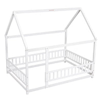 Full Size House Bed for Children,Solid Wood Floor Bed Frame with Fence Guardrails and Roof Montessori Bed,Playhouse Bed for Children Girls and Boys,White(No Bed Slats)