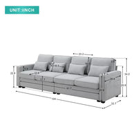 Minimalist Style Couch for 4, 4-Seater Modern Linen Fabric Sofa with Armrest Pockets and 4 Pillows, Accent Upholstered Sofa with Seat and Back Cushion, Suitable for for Living Room, Office, Light Gray