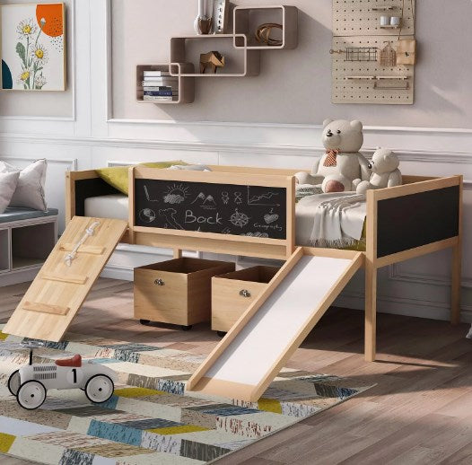 Low Loft Bed with Slide and Two Storage Boxes, Chalkboard, Wood Twin Size Loft Bed with Climbing Frame and Rope (Natural, Loft Bed)