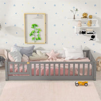 Twin Floor Bed Frame for Kids Toddlers, Wooden Montessori Bed with 7 Wood Slats, Fence-Shaped Guardrails and Door for Boys Girls Bedroom Playroom, No Box Spring Needed, Gray