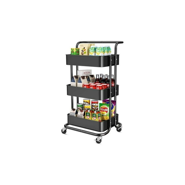 3-Tier Rolling Storage Organizer Cart with Handle and Lockable Wheels, Rolling Metal Organization Cart with Handle, Multifunctional Storage Shelves for Kitchen Living Room Office,Bathroom