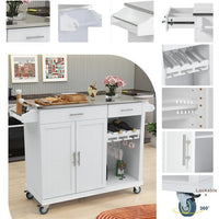 Kitchen Cart with Stainless Steel Top & Storage Cabinet, Mobile Kitchen Island Cart on Wheels with Two Drawers & Goblet Holder & Wine Rack & Spice Rack & Towel Holder, 51Lx18Wx37H Inches, White