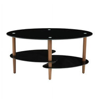 Oval Glass Coffee Table,Center Coffee Table Perfect for Living Room/Small Places,3-Tier Glass Coffee Table with Oak Legs,8mm Thick Tempered Glass Tea Table with Non-Slip Foot Pads-Black