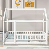 Twin Floor Bed for Kids, Wooden House Bed Frame with Roof, Fence Guardrails, Montessori Bed for Toddlers Girls Boys, White