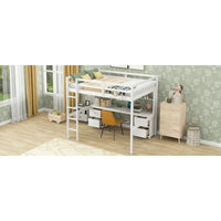 Full Size Loft Bed with Charging Station Multifunctional Loft Bed with Desk, Cabinets, Drawers and Bedside Tray, Solid Wood Loft Bed Frame with Built-in Ladder and Full-Length Guardrails, White