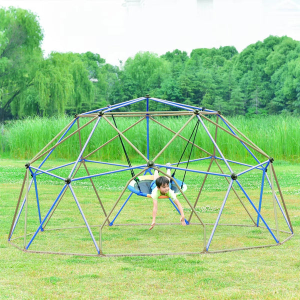 Geometric Playground Dome Climber for Kids, 12 Ft Jungle Gym Playset with Metal Bars and Steel Support for Park Backyard, 1000 lbs Weight Capacity, Blue+Coffee