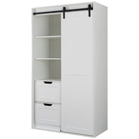 71-inch High Wardrobe Closet and Cabinet with Hanging Rod,Wall Clothes Locker,Classic Sliding Barn Door Armoire for bedroom Cloakroom Hanging Clothes Bags Hats,Standing Storage Cabinet,Antique White
