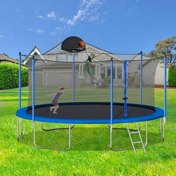 14FT Round Trampoline, Outdoor Trampoline with Basketball Hoop and Ladder, Recreational Trampoline with Safe Enclosure Net, ASTM Approved Outdoor Trampoline for Kids Teens Adults