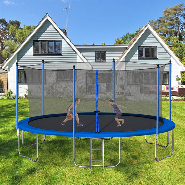 14FT Trampoline with Built-in Zipper, Recreational Trampolines with Ladder and Galvanized Anti-Rust Coating, Kids Trampoline Round Outdoor Trampoline for Family, Weight Capacity: 130 lbs, Blue