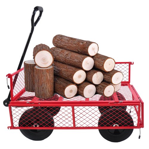 Heavy Duty Detachable Utility Wagon Garden Trucks, Garden Trolley with Inflator & Shovel, 10" Pneumatic Tires Removable Sides, for Transport Firewood, Plants, Chicken Feed, Potted Soil (Red)