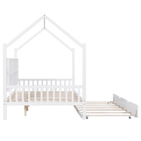 Full Size House Bed with Trundle and Shelf, Wood Daybed Frame with Roof Design, Platform Bed with Headboard and Footboard, No Box Spring Needed, White