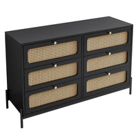 Rattan 6 Drawer Dresser, Modern Wood Dresser for Bedroom with Wide Drawers and Metal Handles and Legs, Storage Chest of Drawers for Bedroom Living Room Hallway Entryway, Black