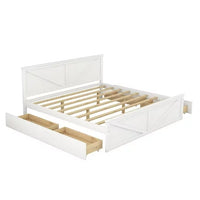 Modern King Size Wooden Platform Bed with 4 Storage Drawers, Solid Wooden Platform Bed Frame with Headboard and Support Legs , Storage Bed with Storage, for Any Bedroom, No Box Spring Needed, White