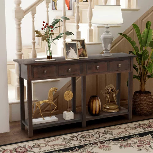 Rustic Solid Wood Console Table Entryway Table with 4 Drawers and Bottom Shelf, Brushed Texture Sofa Table Buffet Sideboard Table for Living Room/Bedroom/Entryway/Hallway(Espresso)