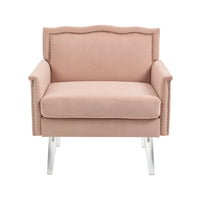 Accent Chair, Modern Velvet Upholstered Armchair with Acrylic Legs and Nailhead Trims, Comfy Tufted Single Sofa Chair with Curved Back and Rolled Arms, Lounge Chair Vanity Chair for Living Room, Pink