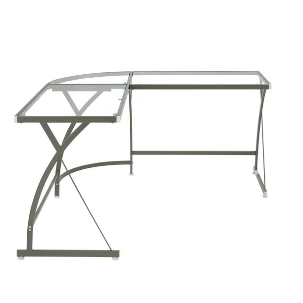 JINS&VICO Modern Wood Computer Desk in Clear Glass & Silver Finish for Bedroom Living Room, Silver
