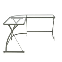 JINS&VICO Modern Wood Computer Desk in Clear Glass & Silver Finish for Bedroom Living Room, Silver