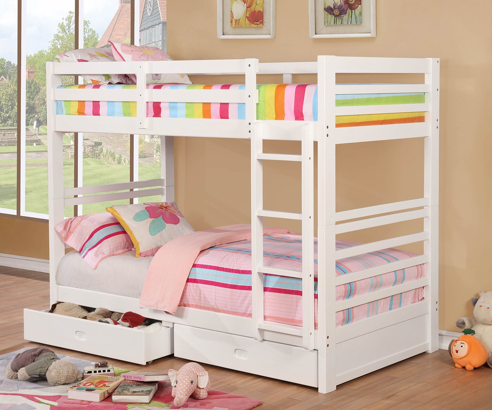 Triple Tree Twin Over Twin Transitional Bunk Bed With Two Drawers And Attached Ladder, White
