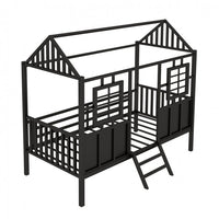Twin Size House Loft Beds, Metal Loft Bed Frame with Roof and Two Front Windows, Playhouse Loft Bed with Fence Railings Cabin Beds for Girls Boys Teens, No Box Spring Needed-Black