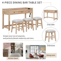 4-Piece Dining Bar Table Set, Counter Height Table Set with 3 Upholstered Stools, Multifunctional Console Table Set with 3 Drawers, USB Port and Power Strip, for Dining Room, Living Room, Natural
