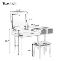 43.3" Vanity Dressing Table with Flip-top Mirror and 3 Storage Drawers, Wood Vanity Desk with Upholstered Fabric Stool, Makeup Vanity Set for Bedroom, Small Space, White