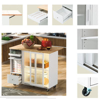 Kitchen Island with Drop Leaf, Modern LED Light Kitchen Cart on Wheels with 2 Fluted Glass Doors and 1 Flip Cabinet Door, 44" Large Kitchen Island Cart with an Adjustable Shelf and 2 Drawers, White
