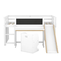 Low Loft Bed with Slide and Removable Desk, Twin Size Loft Bed Frame with Blackboard, Cabinets and Chair, Wooden Twin Kids Bed Frame for Boys Girls, No Box Spring Needed (White)