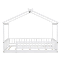 Twin House Bed, Solid Wood Floor Bed Frame with Safety Fence and Roof, Fun Montessori Bed, Playhouse Bed for Children Boys Girls, White