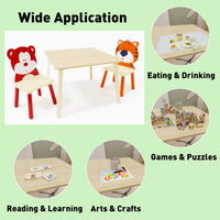 Kids Table and 2 Chairs Set with Cartoon Animal Decoration, 3 Pieces Wooden Toddler Table and Chair Set, Activity Play Table Set for Boys, Girls Arts Reading Writing Age 3 Years+, Bear&Tiger