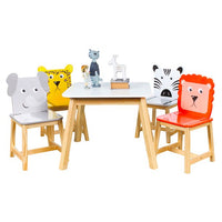 JINS&VICO 5 Piece Kiddy Table and Chair Set , Kids Wood Table with 4 Chairs Set Cartoon Animals for Children's Playground, Kindergarten Classroom and Kids Dining Room（2-7 years old）