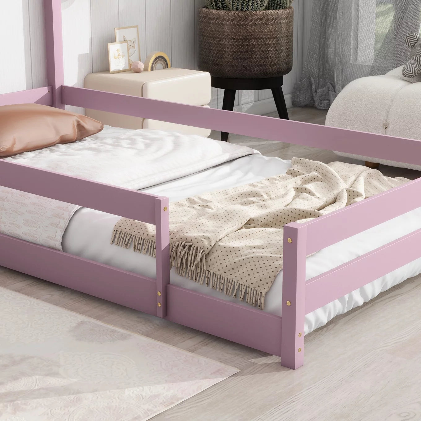 Twin Size Floor Bed Wooden Montessori Floor Bed with House-Shaped Headboard and Fence Guardrails Twin Bed Frame for Girls and Boys, No Weight Limit, Pink