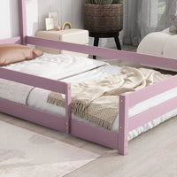 Twin Size Floor Bed Wooden Montessori Floor Bed with House-Shaped Headboard and Fence Guardrails Twin Bed Frame for Girls and Boys, No Weight Limit, Pink