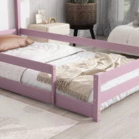 Twin Size Floor Bed Wooden Montessori Floor Bed with House-Shaped Headboard and Fence Guardrails Twin Bed Frame for Girls and Boys, No Weight Limit, Pink