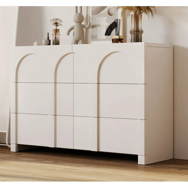 Modern Buffet Sideboard, Kitchen Storage Cabinet with Shelves and Doors, Wood Buffet Cabinet with Drawers, Coffee Bar, 6-Drawer Chest Floor Cabinet Cupboard for Dining Room, Half High Gloss White