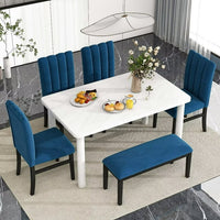 6-Piece Dining Table Set for 6 People, Wooden Kitchen Table Set with Marble Veneer Table and 4 Flannelette Upholstered Dining Chairs & Bench, Rustic Style Family Furniture, for Kitchen, Blue