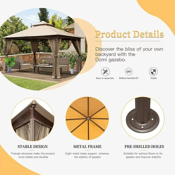10'x13' Hardtop Gazebo Canopy, Metal Frame Double Roof Soft Top Patio Gazebo Canopy Tent for Deck Backyard Garden Lawns
