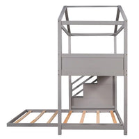 L-Shaped Bunk Beds with Stairs, Twin over Full Floor House Bunk Bed with Full-Length Guardrail & Roof & Blackboard Wood, Space-Saving Loft Bed for Kids Girls Boys, No Box Spring Needed, Gray