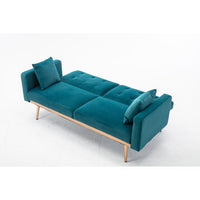 Velvet Futon Sofa Bed with 2 Pillows, Convertible Sleeper Couch Bed with Metal Tapered Legs and Tufted Button Back, Modern Loveseat for Living Room, Bedroom, Teal Blue