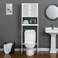 Bathroom Over The Toilet Storage Cabinet, Bamboo Over Toilet Organizer with 2 Doors, Inside Adjustable Shelf and Open Shelf, Freestanding Storage Rack for Laundry, Hotel, Restroom, White