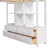 Full Size Loft Bed with Built-in Desk with Two Drawers, Storage Shelves and Drawers, Solid Wood Loft Bed Frame with Built-in Ladder and Guardrails for Kids Teens Adults, Maximized Space, White