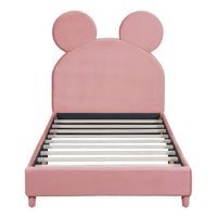 Twin Size Upholstered Toddler Bed with Bear Ear Shaped Headboard, Velvet Fabric Low Platform Bed with Wood Slat Support, Twin Size Bed for Kids, Girls, Boys, Pink