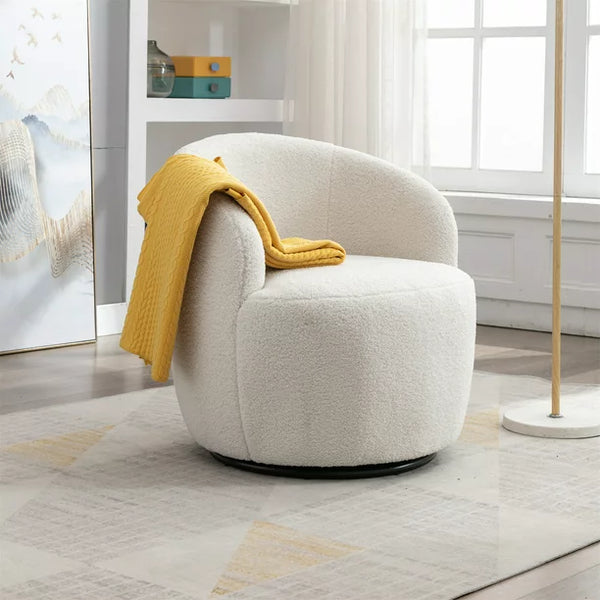 Swivel Barrel Chair, Modern Teddy Fabric Upholstered Accent Club Armchair with Metal Swivel Ring, Comfy Round Single Leisure Sofa Chair for Living Room Bedroom Office Coffee Shop, Ivory