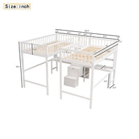 Twin & Twin Size Loft Bed with 2 Built-in Desks and Storage Shelves, Double Shared Two Twin Loft Bed with Storage Staircase, Solid Wood Loft Bed Frame with Safety Guardrail for Kids Teens, White