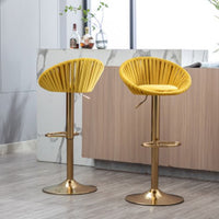 Bar Stools Set of 2, Velvet Swivel Adjustable Height Barstool with Low Back & Footrest for Home Bar Kitchen Island Chair with Golden Base, Mustard