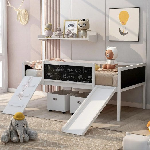 Low Loft Bed with Slide and Two Storage Boxes, Chalkboard, Wood Twin Size Loft Bed with Climbing Frame and Rope (White, Loft Bed)