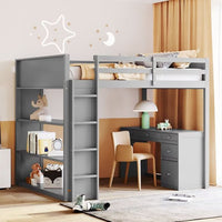 Full Size Loft Bed with Desk, Wood Loft Bed Frame with 5 Storage Drawers, 3 Tiers Shelves and Safety Guardrails, High Bed with Side Ladder for Boys Girls Teens Adults, No Box Spring Needed, Grey
