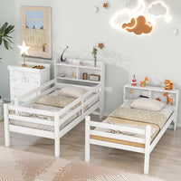 Twin over Twin Bunk Beds with Bookcase Headboard, Solid Wood Low Bunk Bed Frame with Ladder and Full-length Guardrails, Bunk Bed Convertible to 2 Seperate Twin Beds, Mattress Not Included, White