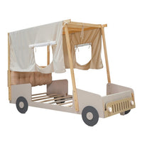 Full Size Car Canopy Bed with Ceiling Cloth and Upholstered Headboard, Platform Bed Frame with Light, Car-Shape Bed Frame with Wheels for Toddler Children Boys Girls,Natural