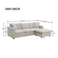 100" L-Shaped Modern Deep Sectional Sofa Couch, Comfy 3 Seats Sectional Sofa with Chaise Ottoman, Polyester Fabric Cloud Couch with 2 Pillows for Living Room Apartment Office, Beige